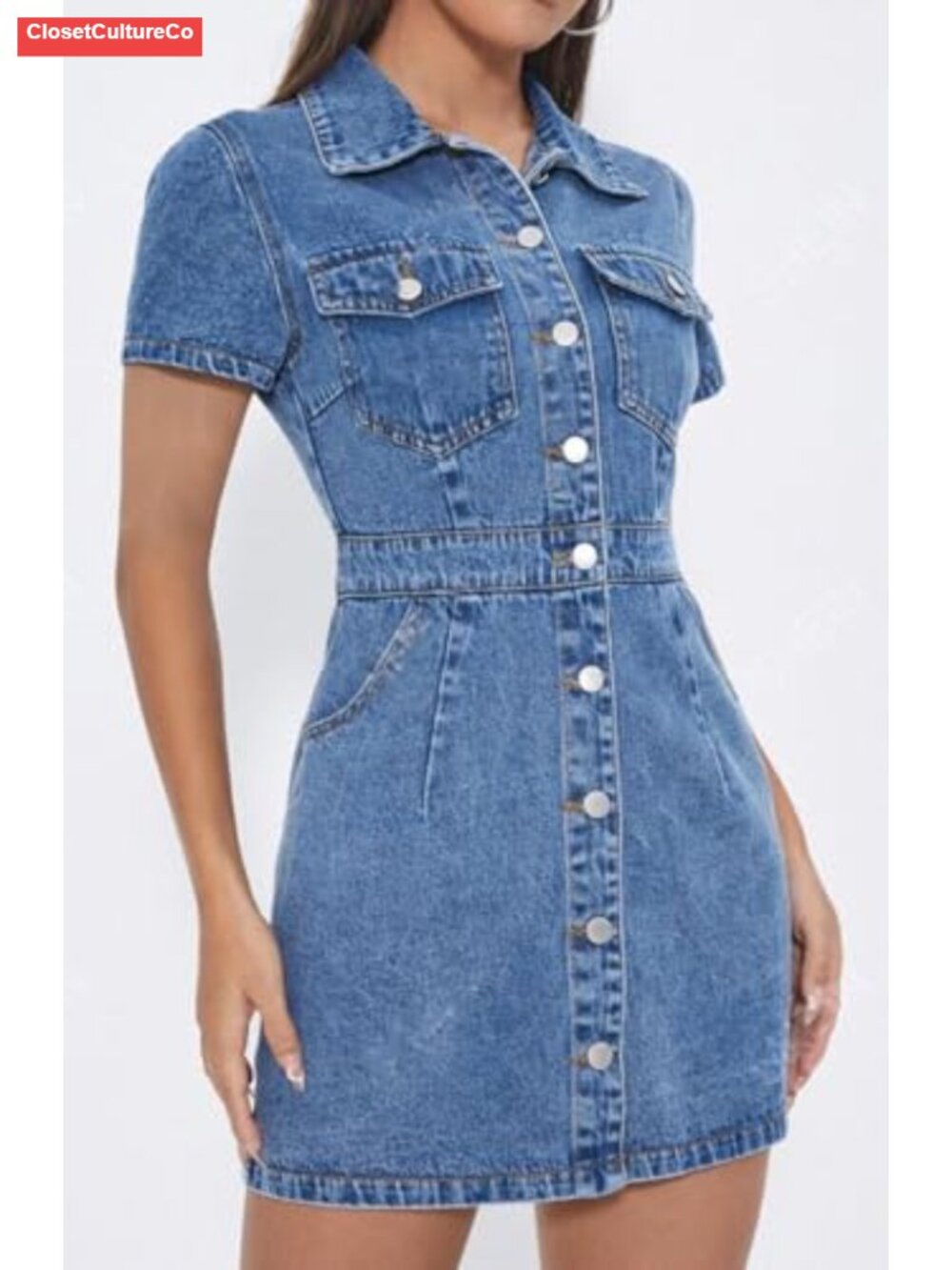 Denim Babydoll Dress Short Sleeve Button Down High Low Hem - Picture 2 of 4